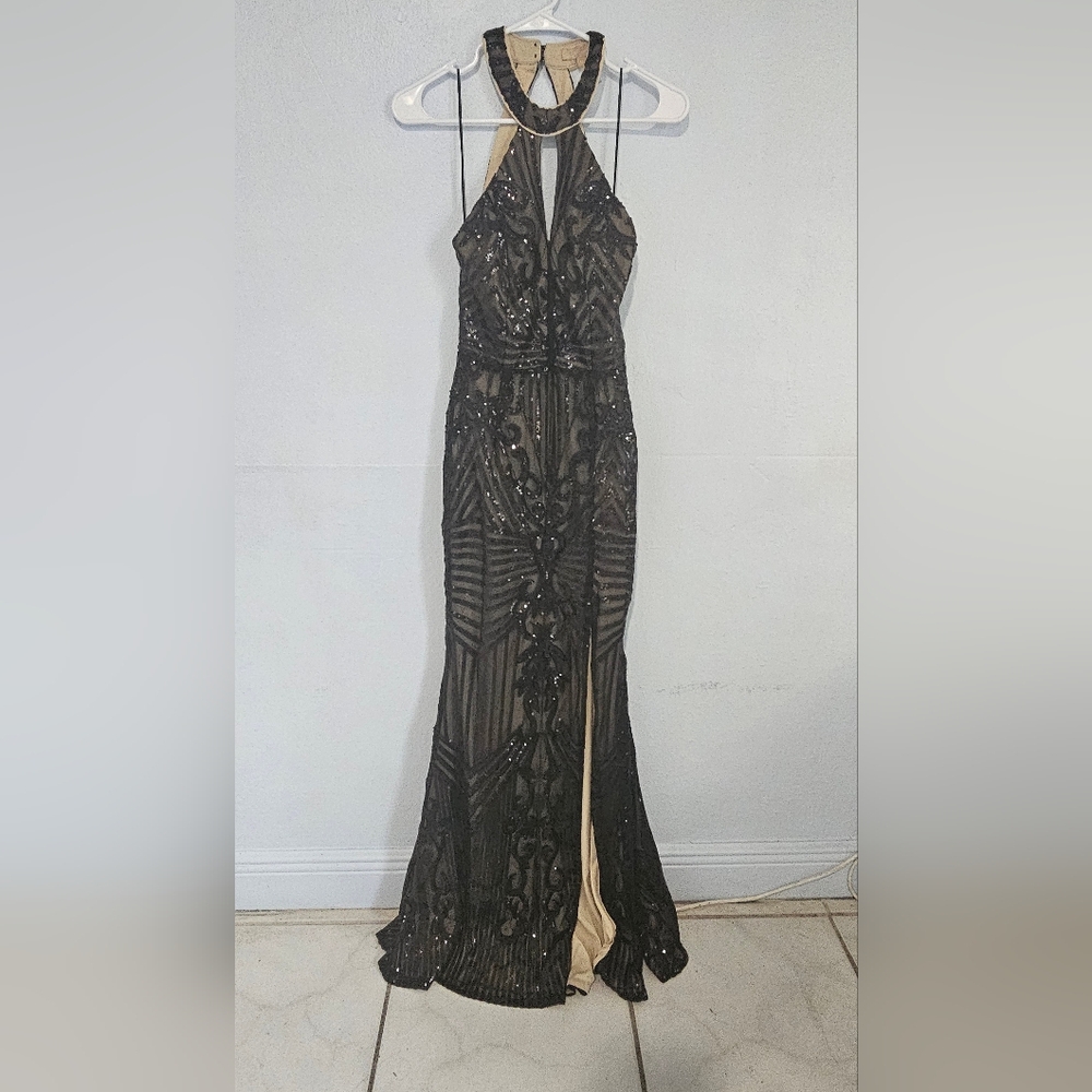 Black Sequin Halter Backless Gown Size M